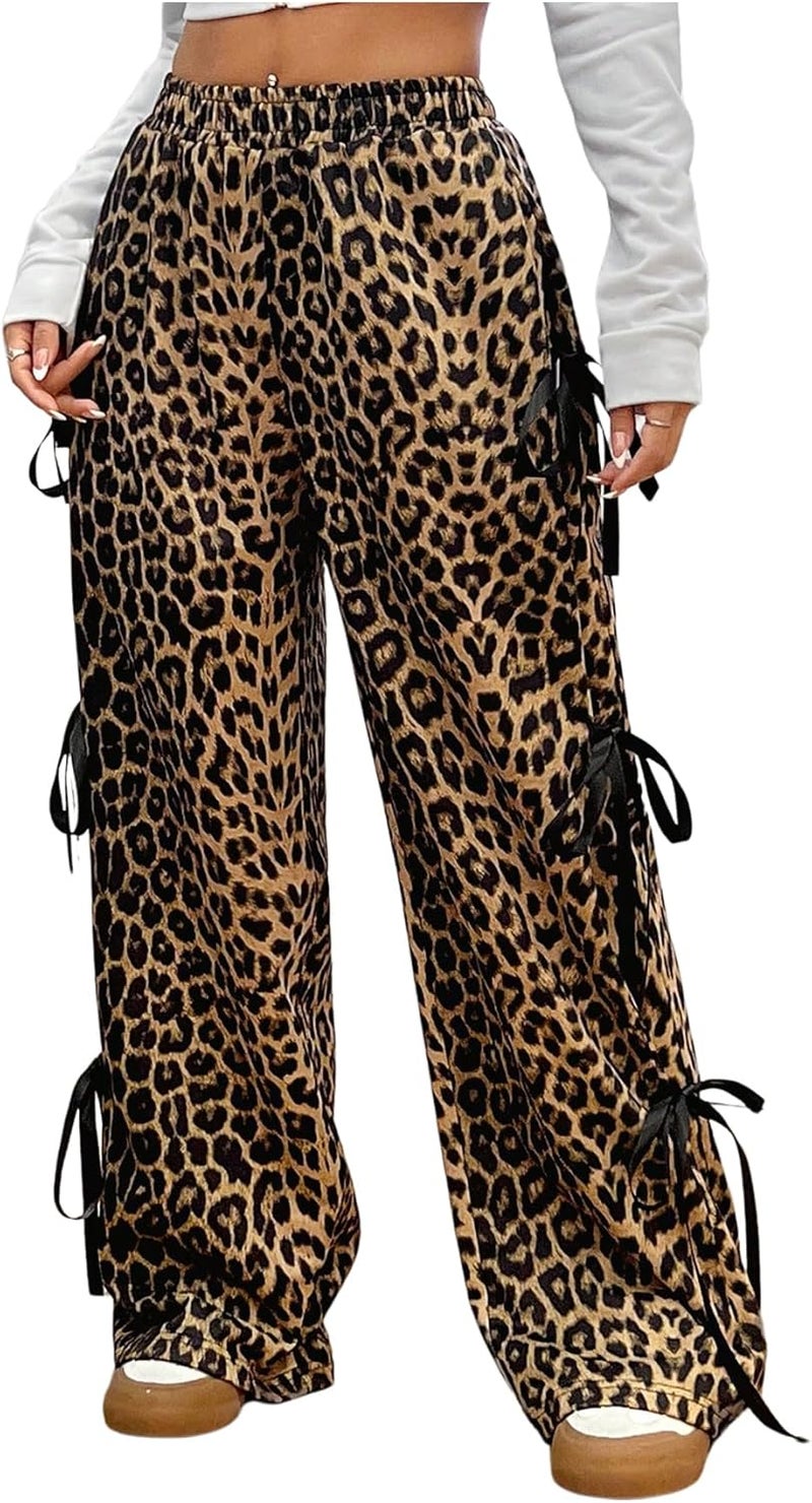 WDIRARA Girl's Leopard Print Bowknot Wide Leg Pants Y2k Elastic Waist Baggy Pants - Image 1